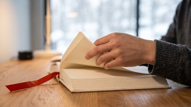 Unrecognizable person turning the blank pages of a thick hardcover book with a red ribbon bookmark on a wooden desk indoors