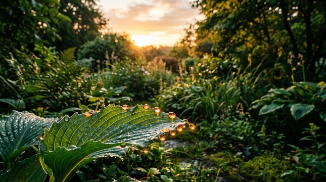 Dew-covered green leaf illuminated by fairy lights in a lush forest