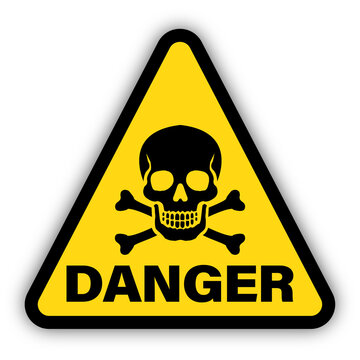 Yellow triangle danger sign with skull and crossbones. Transparent background.