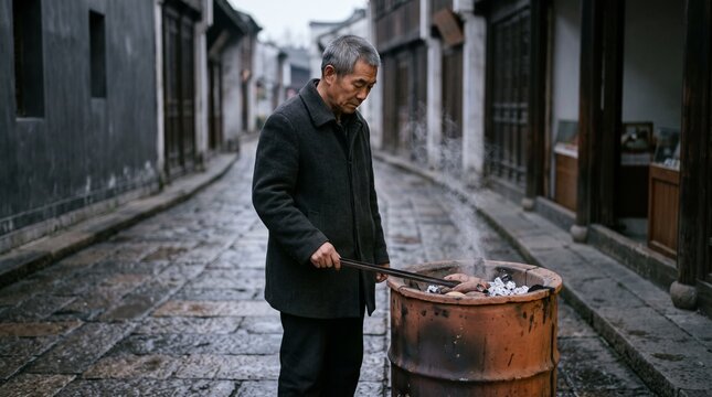 Elderly Asian street vendor roasting sweet potatoes over hot charcoal in a rusty metal drum on a quiet cobblestone alley in a traditional Chinese town
