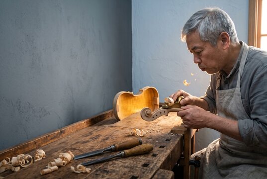 Senior Asian luthier carefully carving a wooden violin scroll with a brass thumb plane on a rustic workbench in a traditional sunlit workshop