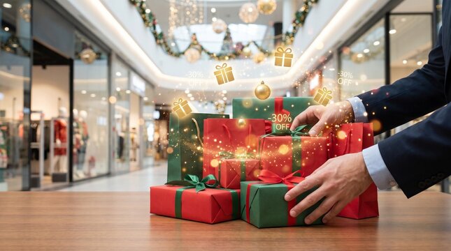 Man in a suit arranging Christmas gift boxes and shopping bags on a table in a shopping mall with holiday sale icons and festive decorations
