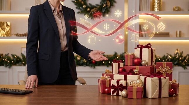 Businesswoman presenting a stack of elegant Christmas gift boxes on an office desk with festive digital glowing ribbons and shopping icons corporate holiday gift giving concept.