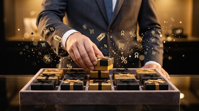 Businessman in a suit picking up a luxury gift box from a tray with floating sale and discount icons