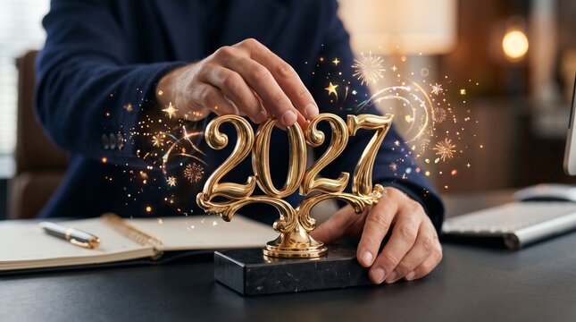 Business Person Holding Golden 2027 New Year Ornament on Office Desk with Fireworks and Sparkles