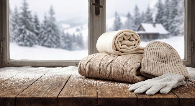Cozy winter clothing on wooden windowsill, warm knitted wool sweater with hat and gloves, snowy mountain landscape view through window