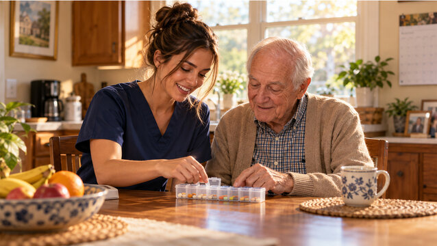 Young female caregiver helping elderly man organize daily medication in a weekly pill organizer at home, smiling nurse assisting senior patient with medication management and healthcare routine