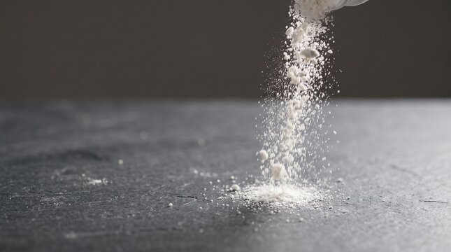 White powder pouring onto dark surface creating a small pile
