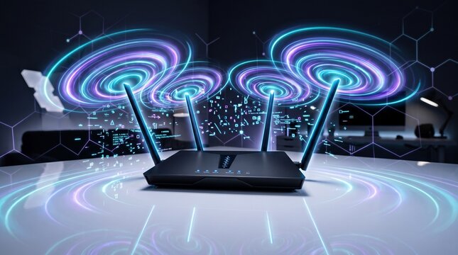 Modern wireless router with glowing signal waves on a reflective surface
