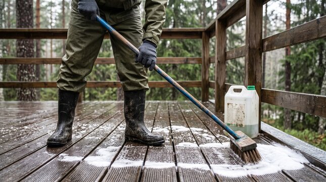 Man washing wooden deck terrace with soap suds and push broom outdoors