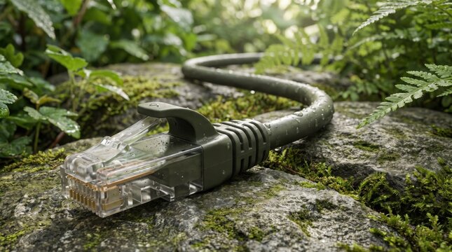 Ethernet network cable in green outdoor setting resting on mossy rock with water droplets.