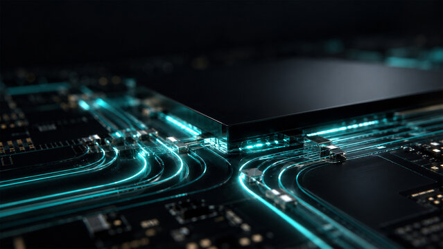 Futuristic microchip processor on dark circuit board with glowing cyan blue data pathways, advanced artificial intelligence computing technology and high speed digital connections