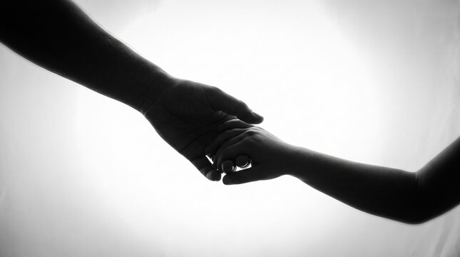 Silhouette of adult and child holding hands isolated on white background