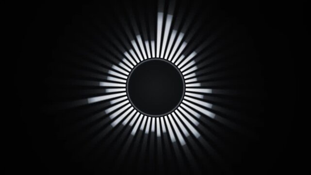 Abstract sound wave equalizer circular visualizer spectrum with glowing radial bars surrounding black circle seamless loop animation