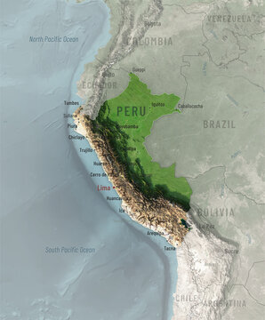 Peru atlas map with shaded relief, geographic labels and borders. Elements of the illustration derived from NASA imagery and SRTM DEM.