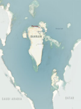 Bahrain atlas map with shaded relief, geographic labels and borders. Elements of the illustration derived from NASA imagery and SRTM DEM.