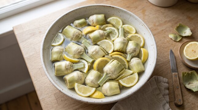 Fresh artichoke hearts soaking in water with lemon slices in a large bowl