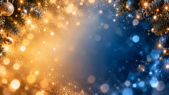 Elegant Christmas background with sparkling gold and deep blue bokeh lights, glittering snowflakes, evergreen fir branches and hanging Christmas baubles creating  luxurious festive border copy space