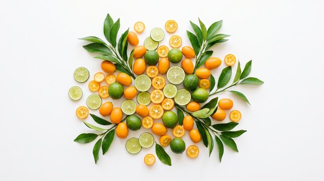 Fresh kumquats and limes with green leaves isolated on white background