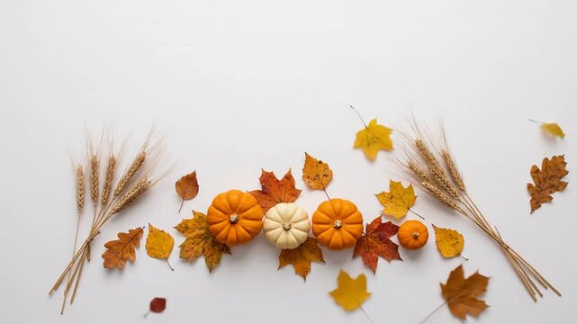 Autumn flat lay with miniature pumpkins and wheat on white background