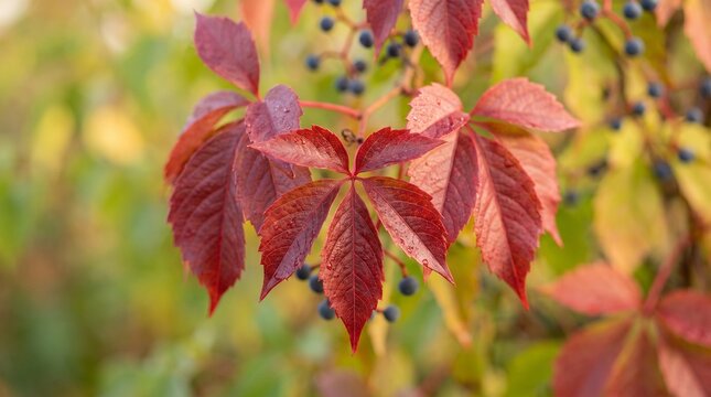 Red autumn leaves and small berries on a branch in the forest
