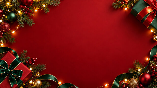 Elegant red Christmas background with festive evergreen branches, glowing fairy lights, red and gold baubles and wrapped gift boxes with green satin ribbons framing generous copy space