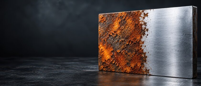 Rusty Corroded Metal Plate with Half Clean Steel Surface Showing Oxidation Damage and Material Deterioration