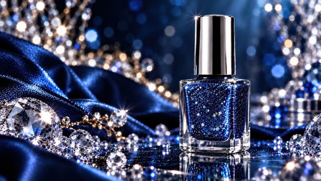 Luxury Blue Glitter Nail Polish Mockup Bottle with Silver Cap and Sparkling Crystal Beauty Background