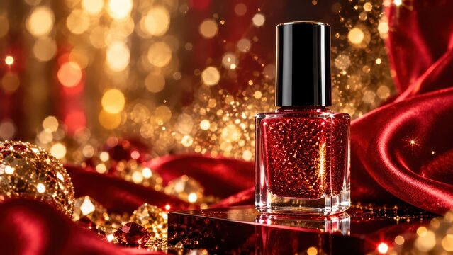 Red Glitter Nail Polish Mockup Bottle with Black Cap on Luxurious Golden Bokeh Beauty Background