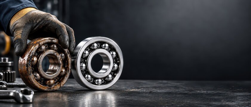 Rusty Worn Ball Bearing Compared with New Shiny Steel Bearing in Industrial Maintenance and Replacement Concept
