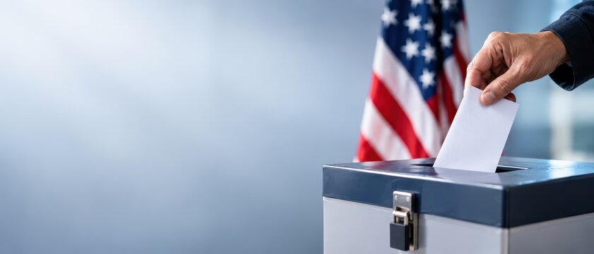 Hand Casting Ballot into Secure Voting Box with American Flag in Background for United States Election