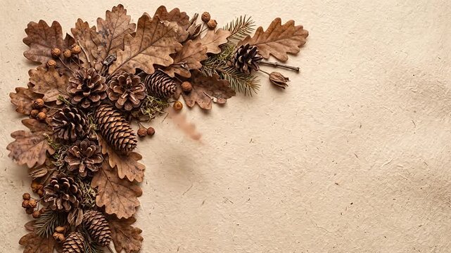 Autumn leaves and pine cones corner frame on textured paper background