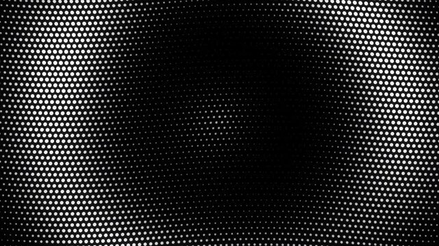 Halftone white dot matrix grid wave pattern with glowing circular ripples shifting waving across black background in a seamless loop animation