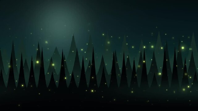 Dark forest silhouettes with glowing fireflies floating in mysterious emerald fog and mystical night woods scenery seamless loop animation