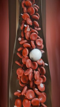 Vertical video: Pushing spherical cell upward in lumen, plasma displacing red cells and platelets