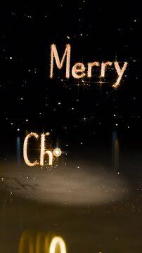Vertical video: Appearing bright orb tracing gold text Merry Christmas on black, making glow