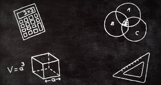 Digital image of multiple mathematics concept icons against blackboard