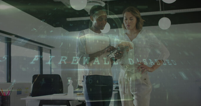Image of data processing with padlock icon over diverse business people in office