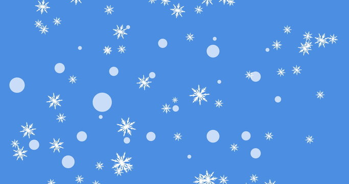 White snowflakes and circles falling on blue background, creating wintery atmosphere