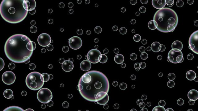 Iridescent soap bubbles floating upward against black background with glowing chromatic reflections and transparent glossy spheres seamless loop animation