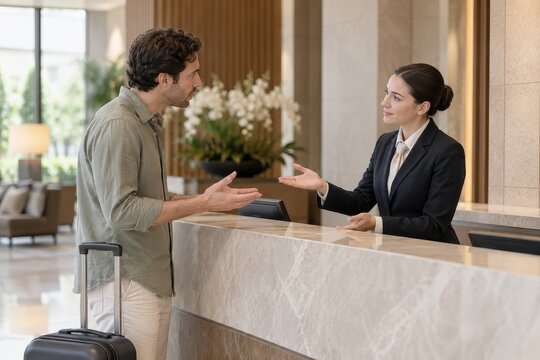 hotel staff resolving concierge miscommunication in a hotel lobby
