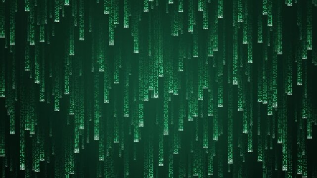 Digital matrix rain data streams falling green glowing code symbols and abstract binary pixel columns on dark background seamless loop animation