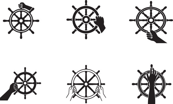 Hands holding ship steering wheels icon set for sailing, navigation, maritime travel and nautical themes.