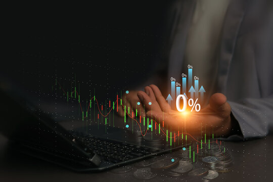 Finance and investment concepts, such as 0% interest rates, reduced fees, and stable asset growth, pair well with candlestick charts, coins, and the message "0%" on a palm.