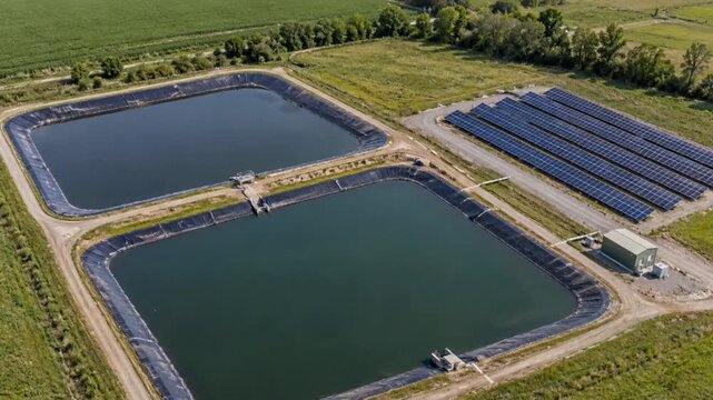Aerial View of Solar Panels Beside Wastewater Lagoons