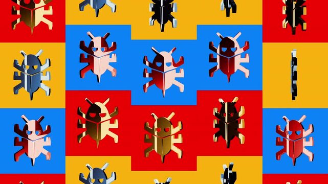 Computer bug cyber attack and security error multiple 3d golden metal symbols looped and seamless animation