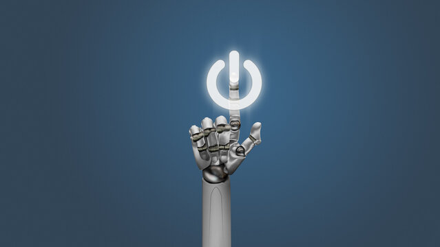   A robotic hand presses a touchscreen button to start - futuristic technology, electronic cyborg, artificial intelligence. White cyborg robotic hand pointing his finger.