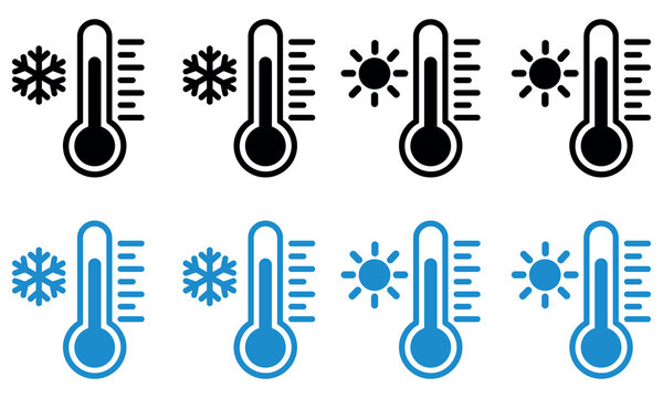 Vector set of eight thermometer icons, black and blue, showing cold with snowflakes and hot with suns.