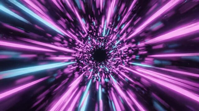 Fast hyperspace warp speed tunnel with glowing pink and cyan neon light rays for sci-fi backgrounds abstract