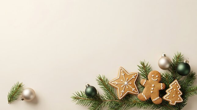 Festive christmas scene with gingerbread cookies and winter foliage arrangement
